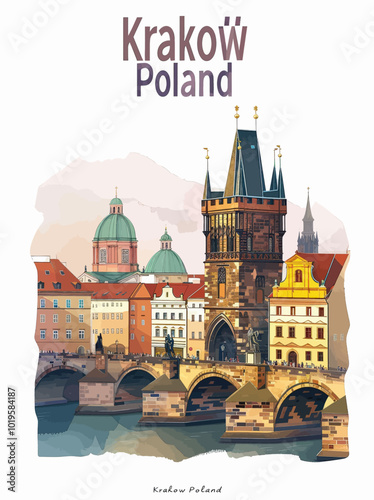 Krakow Bridge and Cityscape Illustration 
