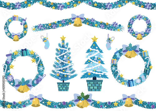 クリスマスアイコンセット、青、モール、かわいい、イラスト