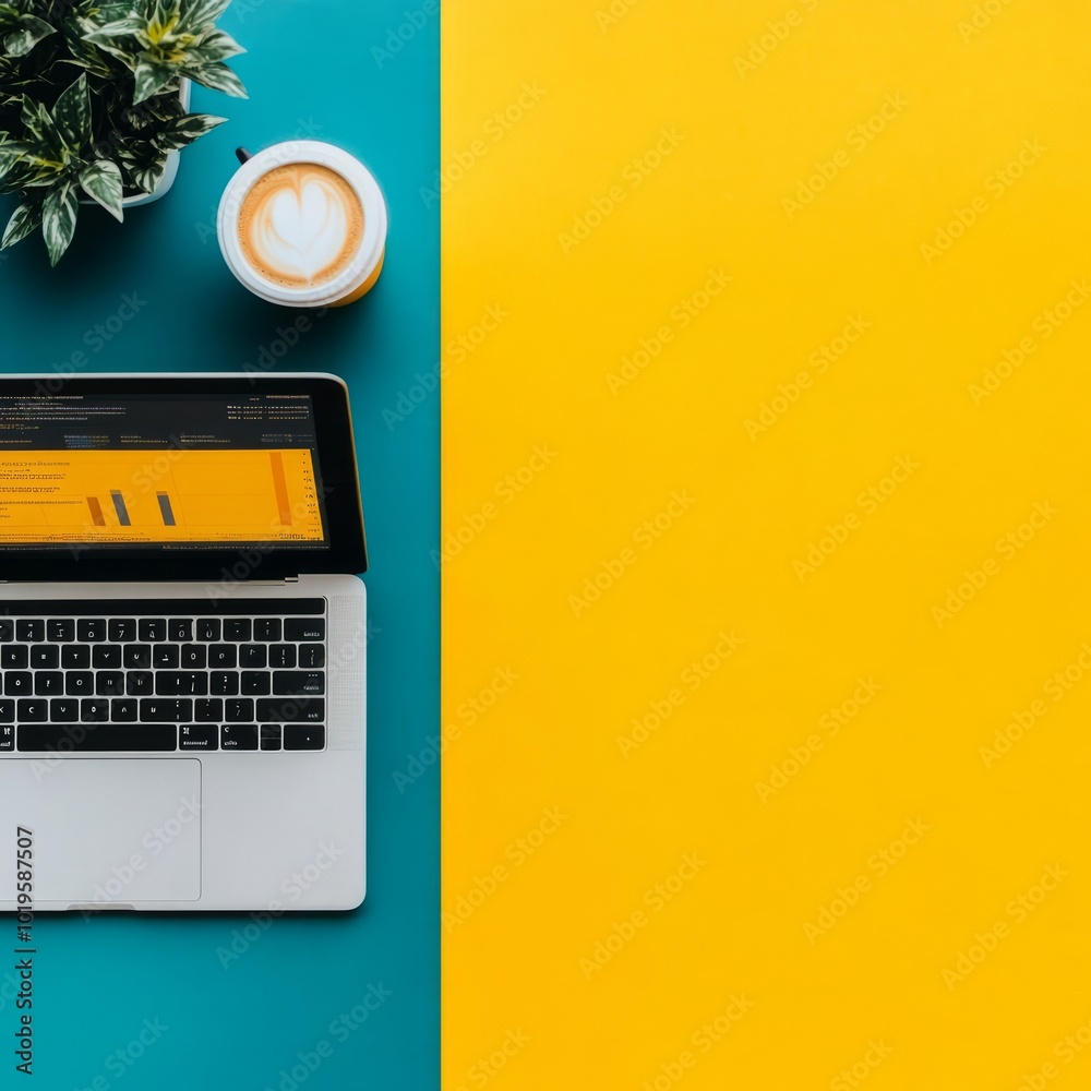 A workspace featuring a laptop, a coffee cup, and a plant on a colorful background. A workspace featuring a laptop, a coffee cup, and a plant on a colorful background.