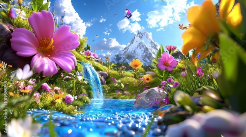 vibrant landscape filled with colorful flowers, serene waterfall, and clear blue stream creates picturesque scene. beauty of nature is highlighted by majestic mountains in background and butterflies