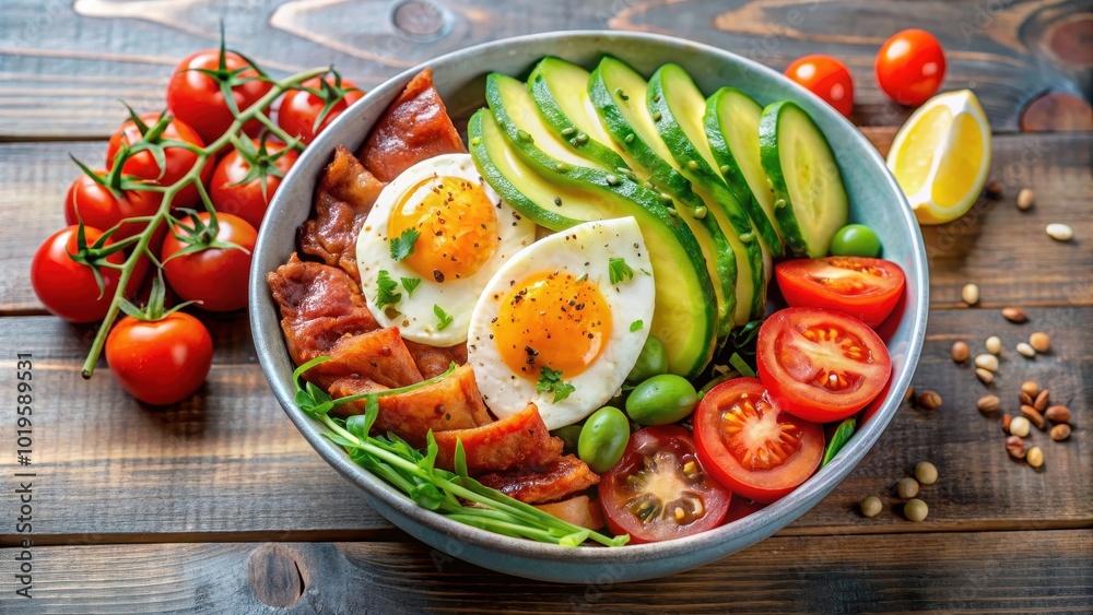 A mouthwatering bowl of breakfast goodness with eggs, bacon, tomatoes, avocado, and other healthy ingredients , breakfast, food A mouthwatering bowl of breakfast goodness with eggs, bacon, tomatoes, avocado, and other healthy ingredients , breakfast, food