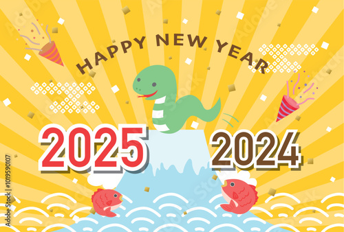 2025年巳年　2025年へジャンプするへびの年賀状テンプレート