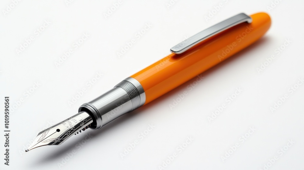 Orange fountain pen with silver accents on a white background. Orange fountain pen with silver accents on a white background.