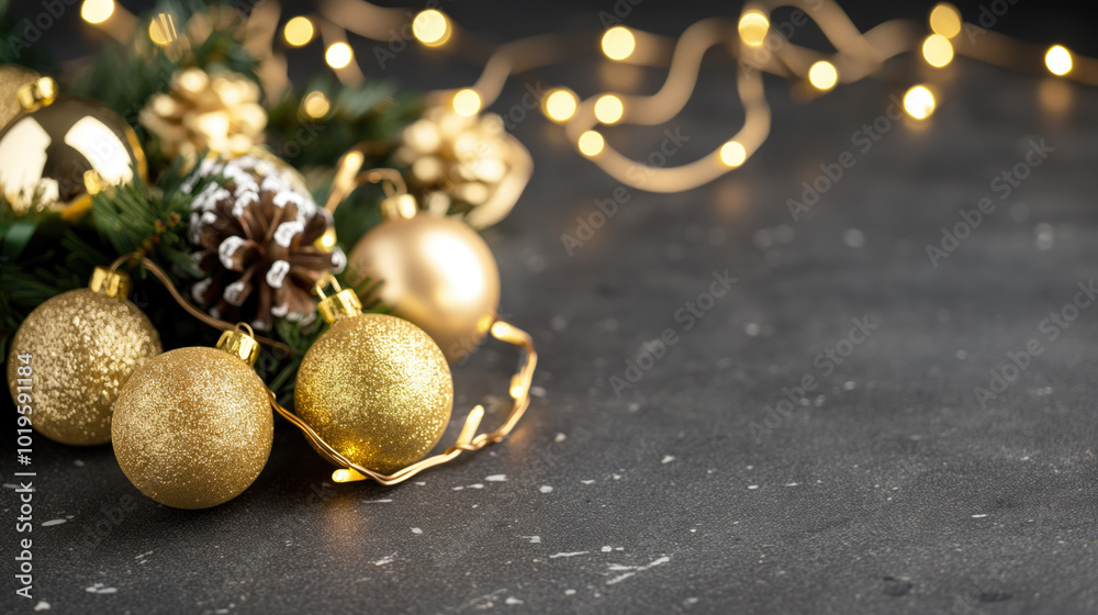 Fototapeta premium Festive background of green branch of Christmas tree with golden balls on the background of twinkling lights with bokeh effect.New Year card with the feeling of Christmas joy, warmth and magic