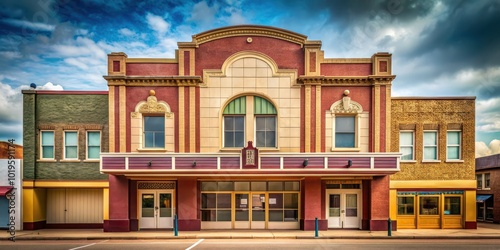 Fototapeta Naklejka Na Ścianę i Meble -  Vintage theater on small town main street , retro, classic, cinema, nostalgia, neon lights, ticket booth