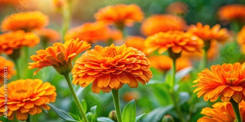 Vibrant orange Pot Marigold flowers blooming in a garden, Calendula, officinalis, long, Pot Marigold, annual, blooms