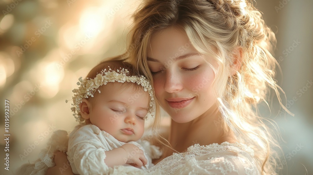 A serene moment between a mother and her sleeping baby. A serene moment between a mother and her sleeping baby.