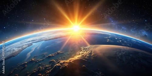 Fototapeta Naklejka Na Ścianę i Meble -  Cinematic view of Earth's sunrise from space , planet, Earth, sunrise, rotation, night side, illuminated, daylight side