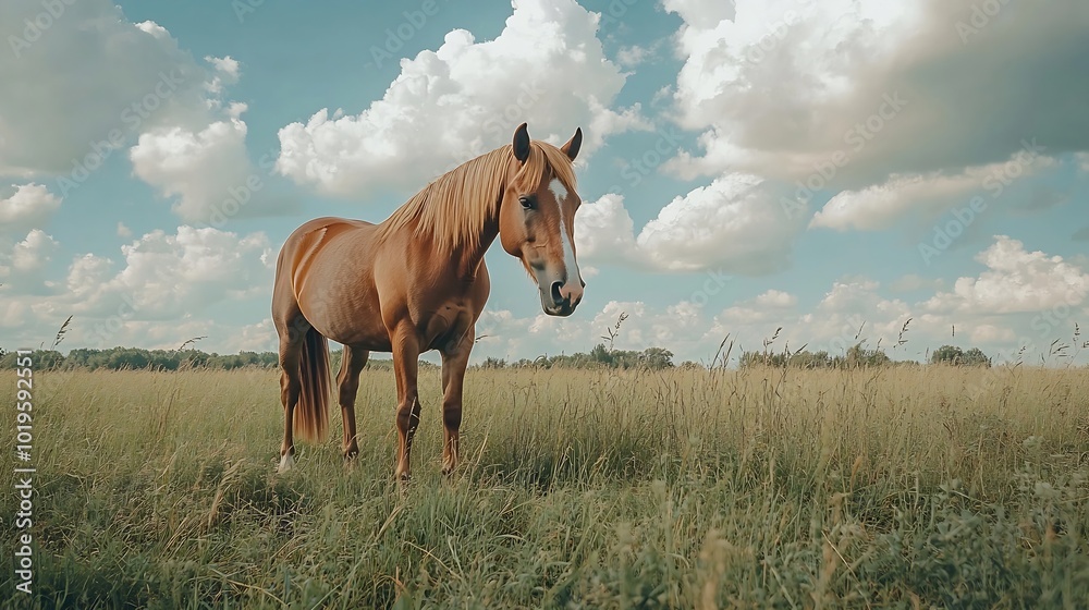 Horses grazing in an open field under fluffy white clouds : Generative AI
