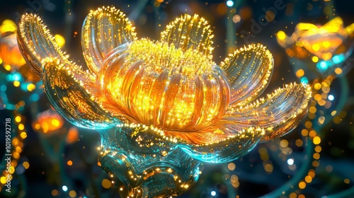 vibrant, glowing flower radiates with golden hues and sparkling lights, creating mesmerizing and enchanting atmosphere. This abstract representation captivates viewers imagination