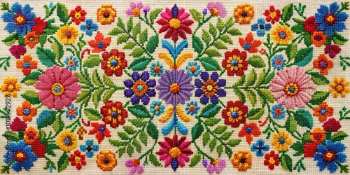 Needlework design with intricate floral patterns and vibrant colors, needlework, sewing, embroidery, stitching, thread, fabric