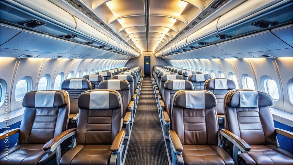 Empty airplane cabin with rows of seats, overhead compartments, and window views, airplane, cabin, seats, interior Empty airplane cabin with rows of seats, overhead compartments, and window views, airplane, cabin, seats, interior