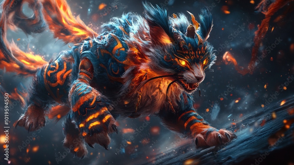 A mythical blue and orange cat with glowing eyes and flames trailing from its back, a fierce and powerful creature. A mythical blue and orange cat with glowing eyes and flames trailing from its back, a fierce and powerful creature.