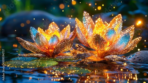 Glowing water lily flowers illuminate serene pond, creating magical atmosphere with shimmering reflections and vibrant colors. enchanting scene captivates viewers imagination