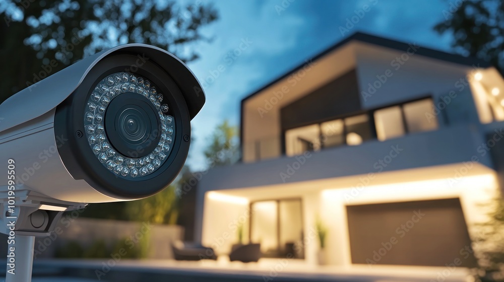 A security camera in focus with a modern house in the background during twilight. A security camera in focus with a modern house in the background during twilight.