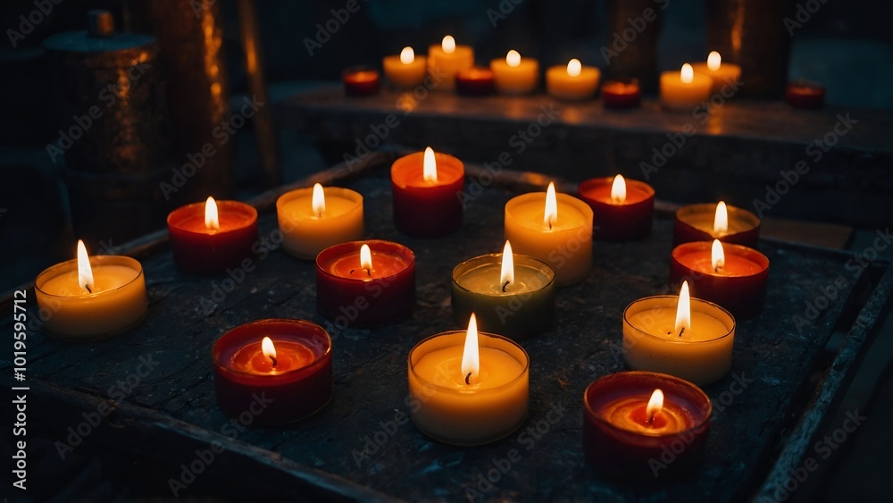 Set of pillar candles with flames illuminated, cut out
Set of pillar candles with flames illuminated, cut out