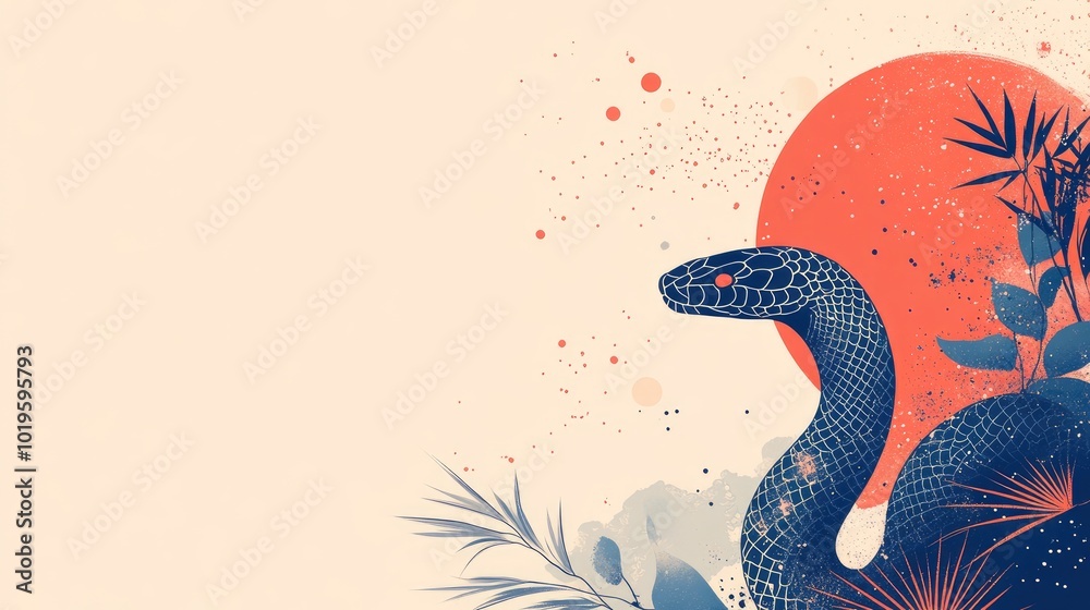 Abstract Serpent and Sun: Vibrant Nature Illustration with Retro Elements