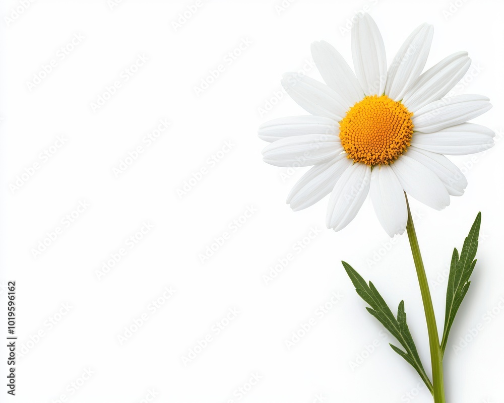 Fototapeta premium A beautiful daisy flower with white petals and a yellow center against a white isolated background.