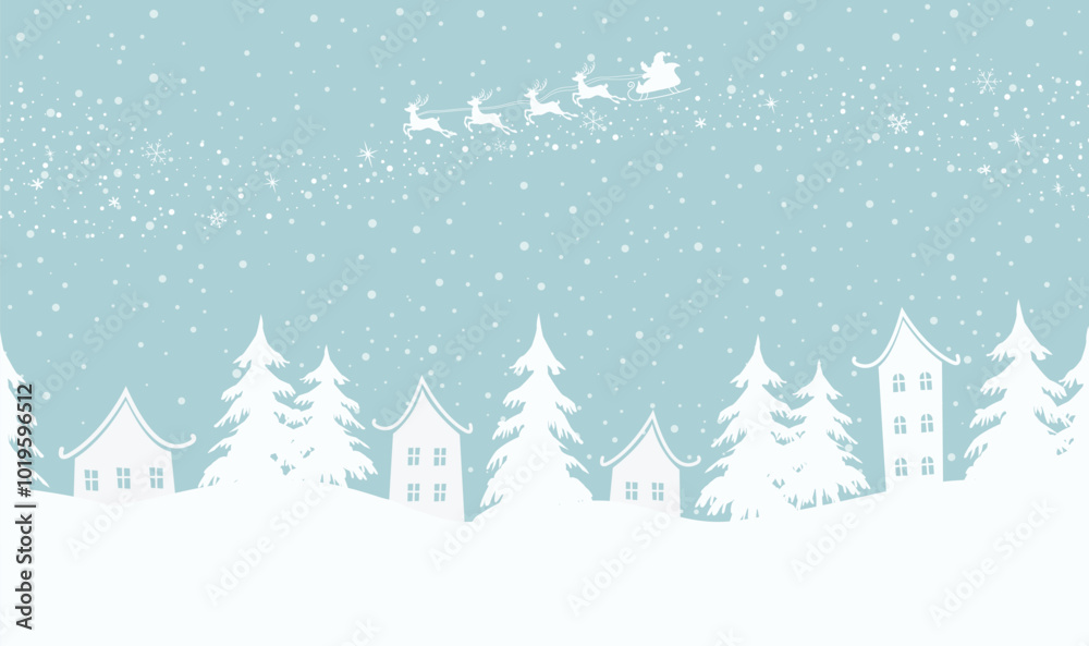 Fototapeta premium Christmas Background. Winter Village. Seamless border. Fairy Tale Winter Landscape. Santa Claus is Riding Across the Sky on Deer. White Houses, Fir Trees on Light Blue Background. Vector