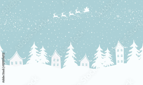 Christmas Background. Winter Village. Seamless border. Fairy Tale Winter Landscape. Santa Claus is Riding Across the Sky on Deer. White Houses, Fir Trees on Light Blue Background. Vector