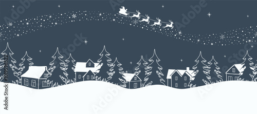 Christmas Background. Seamless Border. Winter Landscape. Santa Claus is riding Across the Sky on Deer with Plume. White Silhouettes of Houses and Fir Trees on Dark Blue Background. Vector