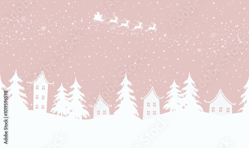 Christmas Background. Winter Village. Seamless border. Fairy Tale Winter Landscape. Santa Claus is Riding Across the Sky on Deer. White Houses, Fir Trees on Pink Background. Vector illustration