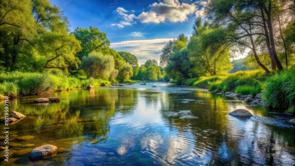 Tranquil river flowing through peaceful natural setting, serene, water, nature, calm, flowing, peaceful, landscape, scenic Tranquil river flowing through peaceful natural setting, serene, water, nature, calm, flowing, peaceful, landscape, scenic