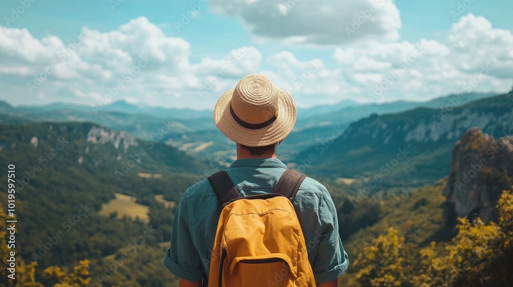 Adventurer with Backpack Enjoys Scenic Mountain View under Blue Sky Adventurer with Backpack Enjoys Scenic Mountain View under Blue Sky