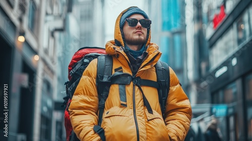 Urban Explorer in Yellow Jacket and Backpack Amidst Cityscape photo