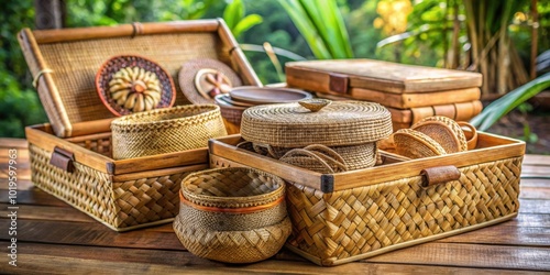 Traditional wicker Balinese products in a box, Balinese, traditional, wicker, handcrafted, decor, home, box