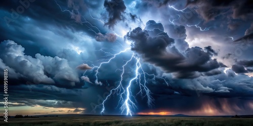 Dramatic lightning storm with dark clouds, creating an atmospheric nature scene, lightning, storm, dark clouds