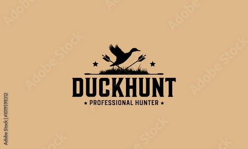 Silhouette duck hunting logo with arrows and stars