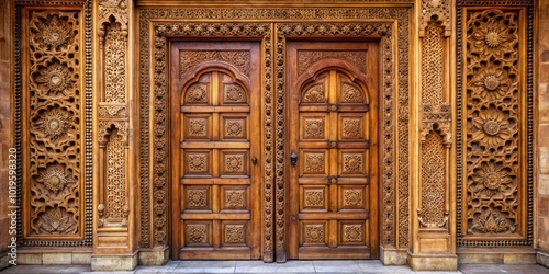 Ornate wooden door with intricate carvings in traditional Indian design , India, ornamental, door, architecture, design photo