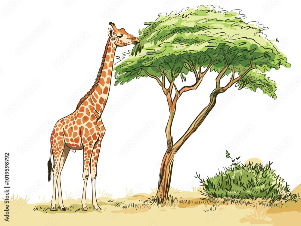 white background, Giraffe bending down to eat leaves - isolate on an African savanna background., very simple and isolate in the style of animated illustrations with drawings in pencil easy art