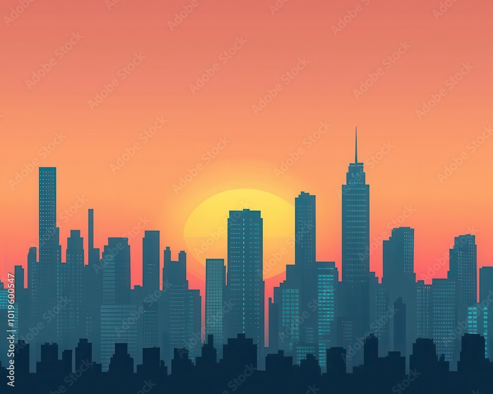 Fototapeta premium Silhouette of a modern city skyline against a vibrant sunset, showcasing various skyscrapers and architectural styles.