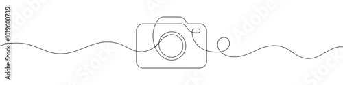 Continuous line drawing of photo camera icon. One line photography tool. Single line art. Vector illustration.
