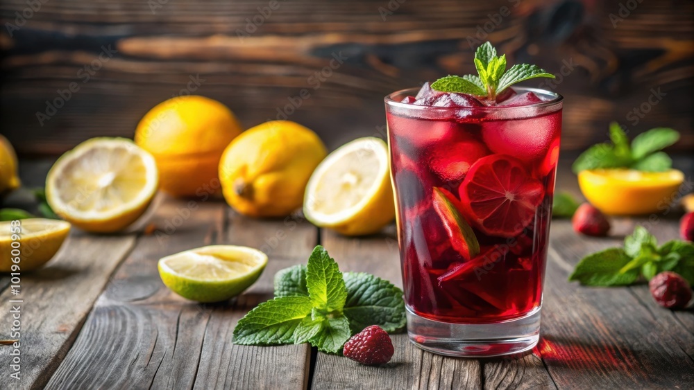 Refreshing glass of iced hibiscus tea with lemon and mint , beverage, drink, cold, summertime, refreshing Refreshing glass of iced hibiscus tea with lemon and mint , beverage, drink, cold, summertime, refreshing