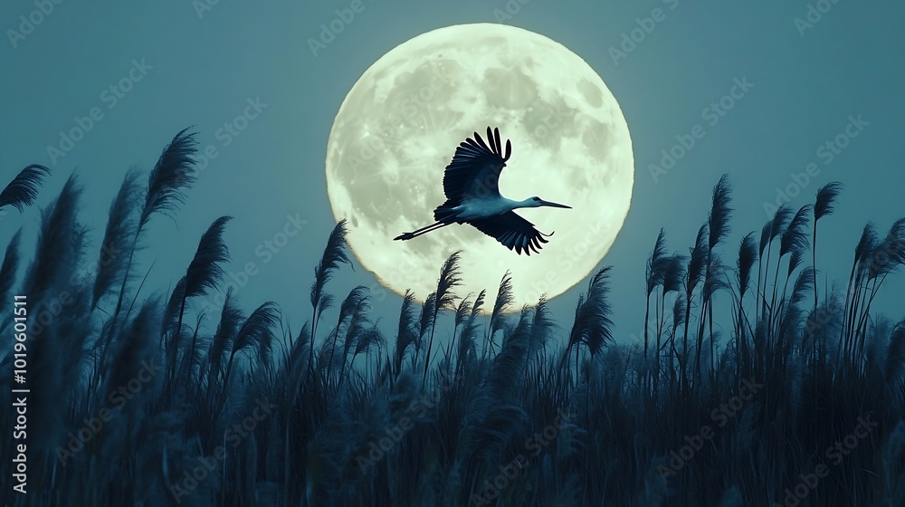 Stork flies in front of a full moon over a field of pampas grass a serene scene capturing the ethereal beauty of nature under the night sky Background for Halloween Mystical spirit of  : Generative AI