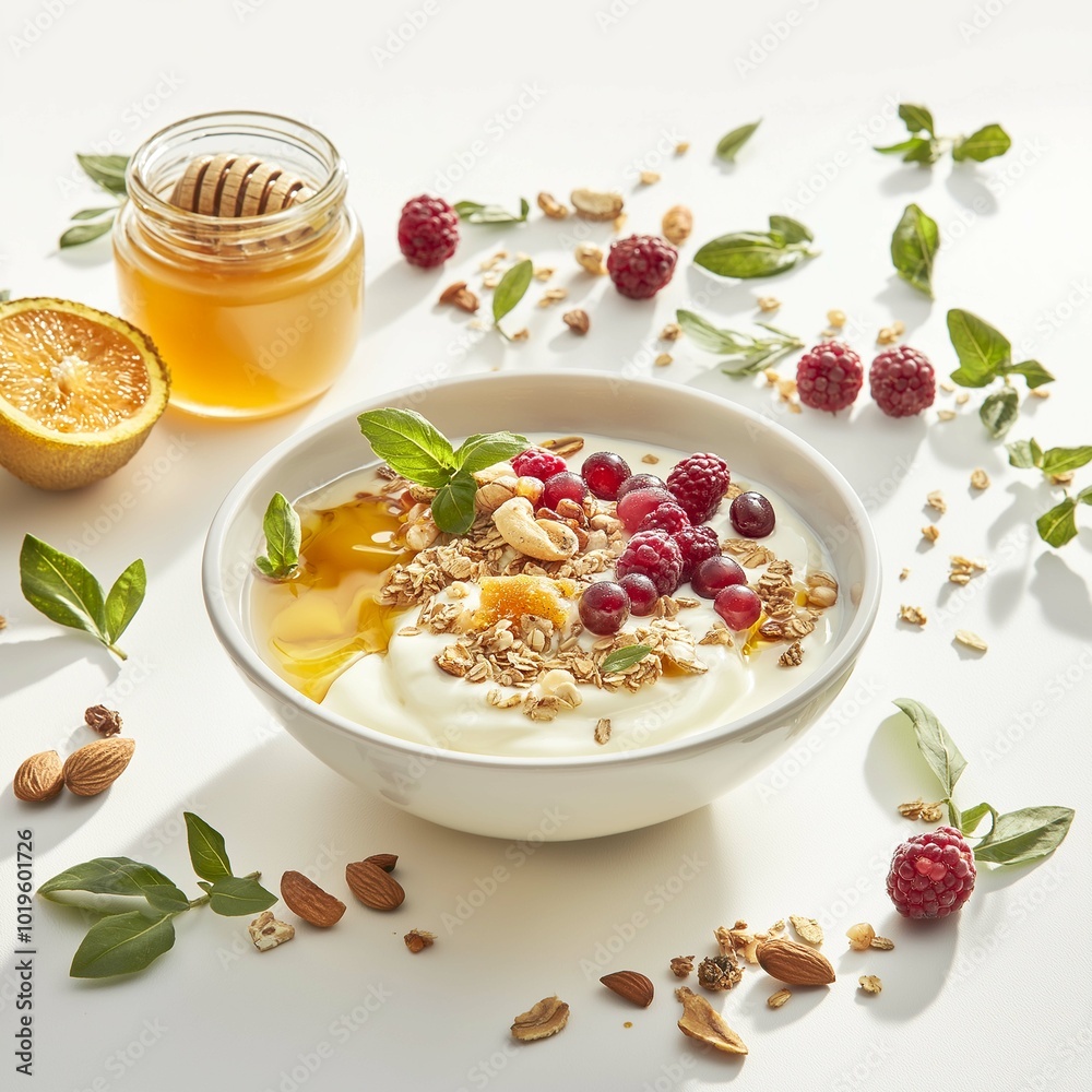 Crisp and vibrant shot of a bowl filled with thick Greek yogurt. Crisp and vibrant shot of a bowl filled with thick Greek yogurt.