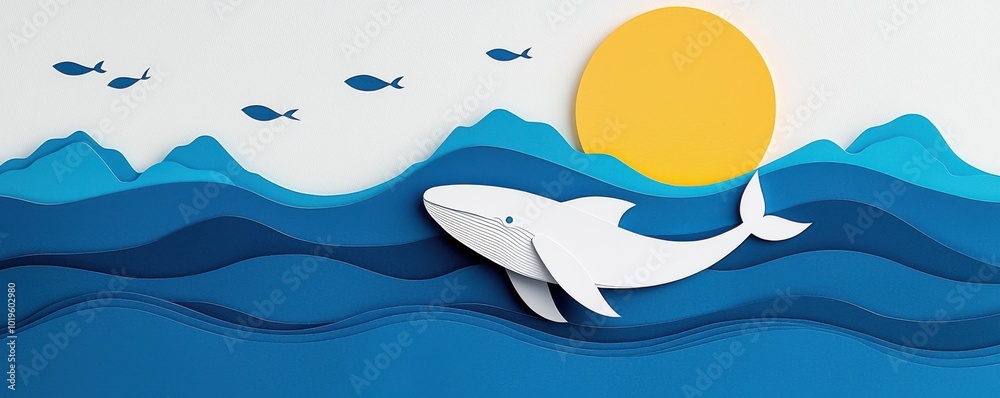 Obraz premium A paper cutout scene of a whale in the ocean under the sun, showcasing artistic waves and fish, vibrant colors and serene vibe.