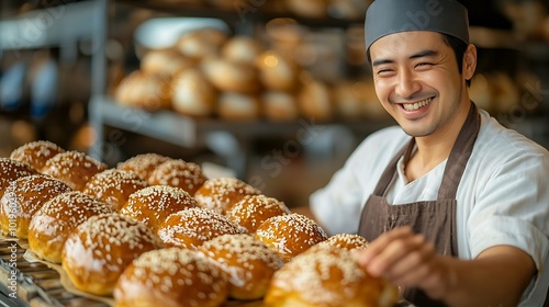 Smiling baker preparing sweet buns pastries with sesame seeds : Generative AI photo