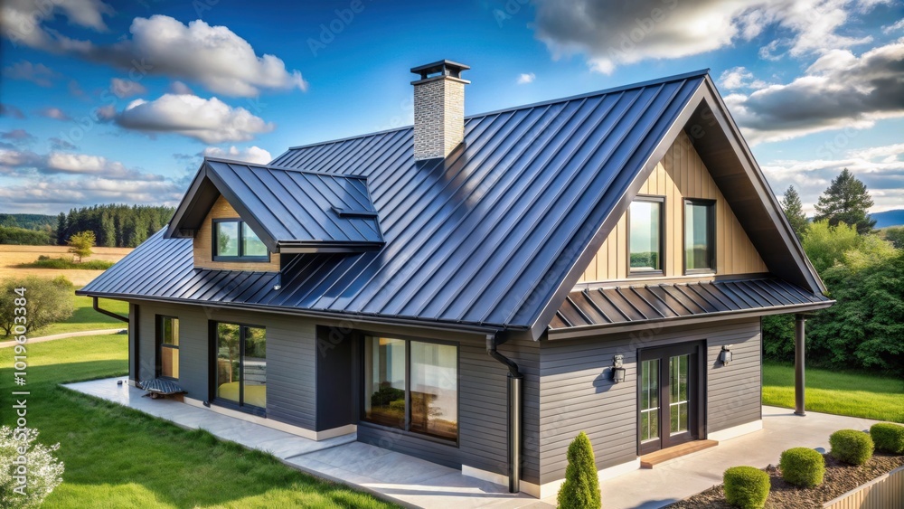 Efficient home design with black metal roof for energy savings, metal roof Efficient home design with black metal roof for energy savings, metal roof