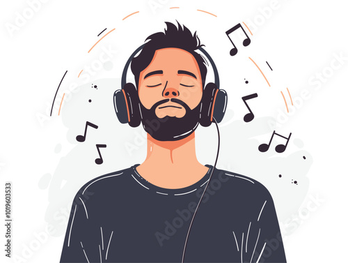 white background, Listening to calming music or nature sounds to relax before bedtime - isolate the man against a background of headphones and relaxing music., very simple and isolate in the style art