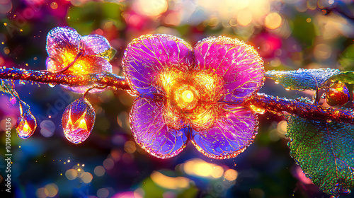 vibrant abstract flower adorned with shimmering water drops glows beautifully in sunlight, creating magical and enchanting atmosphere. intricate details and colors evoke sense of wonder and joy