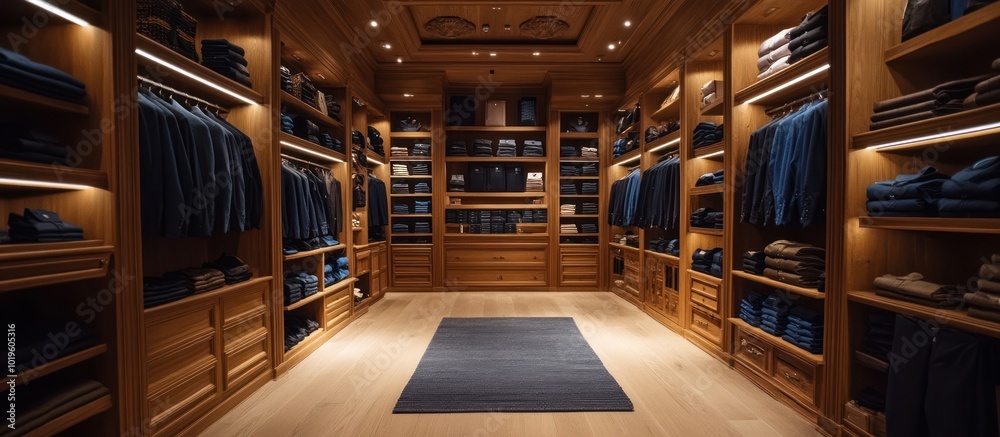 A large walk-in closet with wood paneling and shelves filled with folded and hanging clothes. The closet is well-lit and has a blue rug in the center. A large walk-in closet with wood paneling and shelves filled with folded and hanging clothes. The closet is well-lit and has a blue rug in the center.