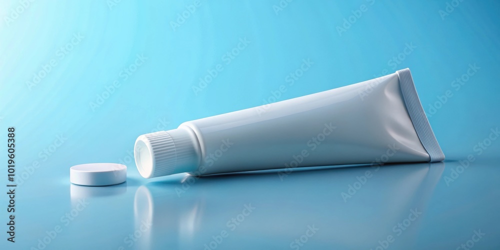 Mockup of empty toothpaste packaging with cap open and squeezed out, isolated on blue background, rendering Mockup of empty toothpaste packaging with cap open and squeezed out, isolated on blue background, rendering