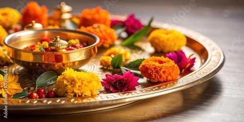 Brass puja thali adorned with vibrant flowers, , brass, puja thali, flowers, decorated, traditional, Indian, culture photo