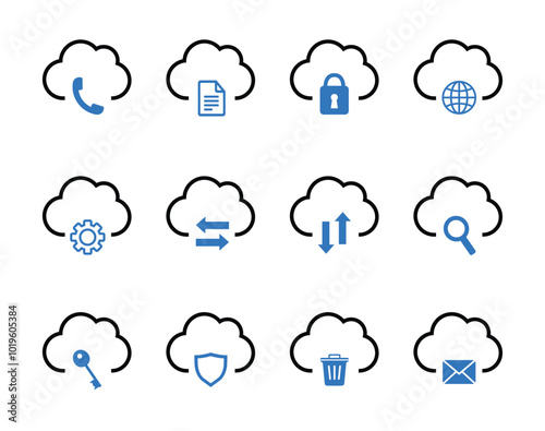 Set of 12 line icons related to data exchange, traffic, files, cloud, server. Outline icon collection. Editable stroke. Vector illustration