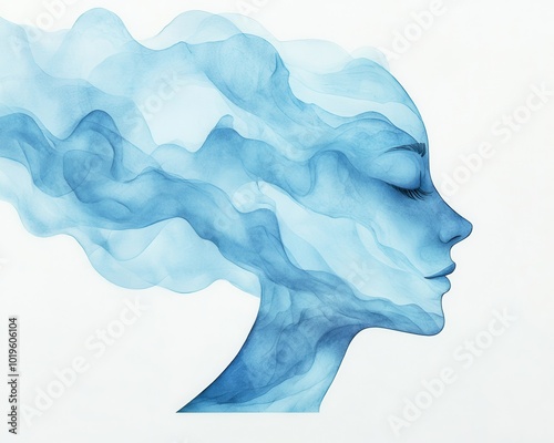 A tranquil blue silhouette representing serenity and calmness against a white background. photo