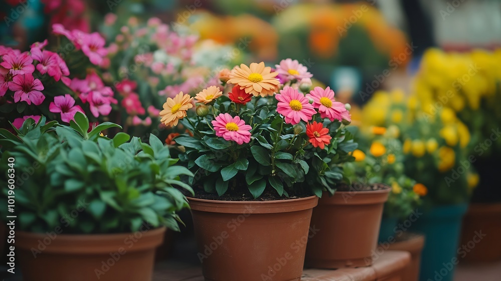 Beautiful colorful flowers and plants in a pots in a Flower shop Selective focus : Generative AI Beautiful colorful flowers and plants in a pots in a Flower shop Selective focus : Generative AI